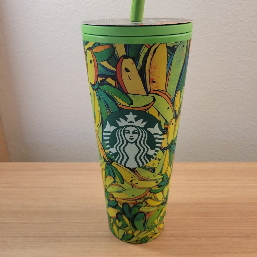 Starbucks Green and Yellow Banana Print Tumbler with Flower Straw